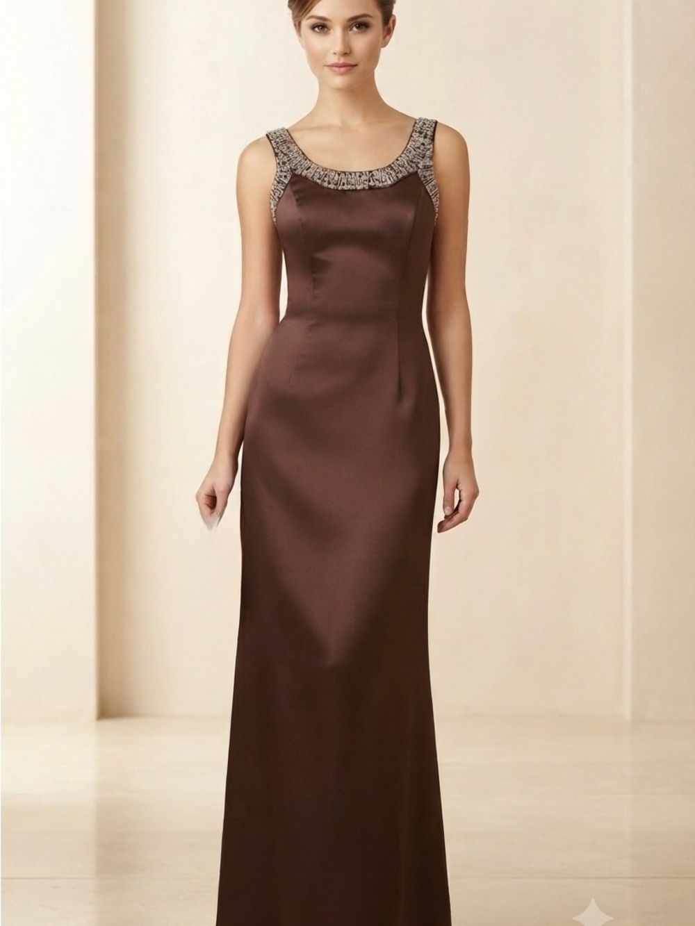 Satin Brown Beaded-Neck Maxi Dress